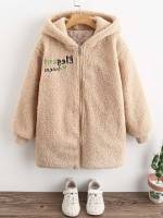 Regular Fit Embroidery Apricot Letter Girls Coats 967