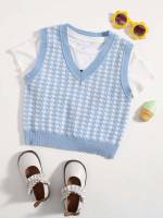 V neck Houndstooth Preppy Sleeveless Girls Sweaters 4110