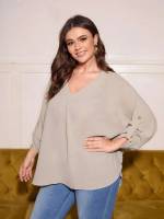 V neck Long Asymmetrical Plain Plus Size Blouses 2375