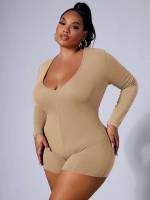 Backless Sexy Apricot Scoop Neck Plus Size Jumpsuits  Bodysuits 497