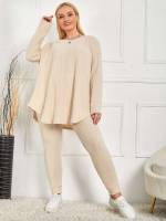 Apricot Rib-Knit Long Sleeve Plain Underwear  Sleepwear 582