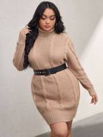  High Neck Plain Plus Size Sweater Dresses 3785