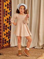 Shirred Cute Square Neck Plain Toddler Girls Clothing 908