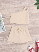 Apricot One Shoulder Cut Out Toddler Girl Two-piece Outfits 7390