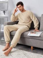 Apricot Round Neck Casual Plain Men Loungewear Sets 7593