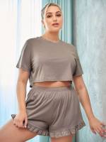  Short Sleeve Plain Plus Size Pajama Sets 6297