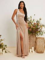 Plain Glamorous Split Thigh Sleeveless Weddings  Events 418