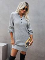 Apricot Long Sleeve Fake Buttons Notched Women Sweater Dresses 9741