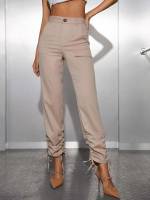 Drawstring Apricot Plain Women Pants 2380