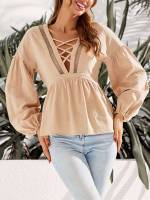  Contrast Mesh Long Sleeve Apricot Women Tops, Blouses  Tee 666