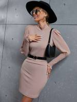 Slim Fit Long Sleeve Apricot Women Dresses 8343