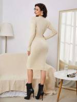  Plain Elegant Round Neck Women Sweater Dresses 2851