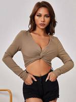  Apricot V neck Slim Fit Women T-Shirts 1183