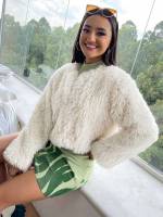  Apricot Regular Fit Round Neck Women Faux Fur Coats 5600