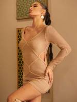 Apricot Cut Out V neck Women Sweater Dresses 4350