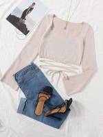 Lace Up Long Sleeve Square Neck Apricot Women Clothing 6096