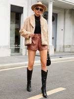 Plain Long Sleeve Button Front Apricot Women Faux Fur Coats 6487