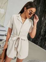 Regular Fit Apricot Plain Short Sleeve Women Jumpsuits 704