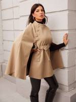 Long Sleeve Stand Collar Plain Regular Fit Women Overcoats 4184
