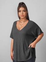  High Low Short Sleeve V neck Plus Size Tops 754