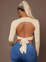 Long Sleeve Crop Plain Backless Women Tops, Blouses  Tee 1692