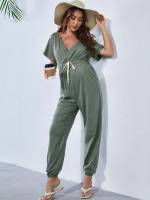 Casual Wrap Army Green V neck Maternity Jumpsuits 8190