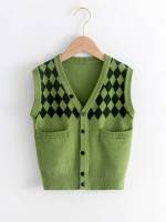 Geometric Sleeveless Army Green Girls Knitwear 8830