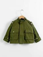 Long Sleeve Regular Pocket Army Green Girls Outerwear 5772