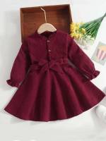 Regular Fit Knee Length Plain Stand Collar Toddler Girls Clothing 99