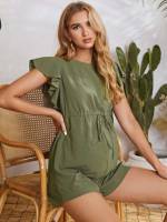 Cap Sleeve Regular Fit Casual Army Green Maternity Jumpsuits 7216