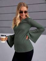 Notched Army Green Elegant Plain Maternity T-shirts 99