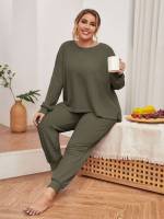 Long Sleeve Plain Army Green Plus Size Pajama Sets 4012