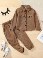 Long Sleeve Army Green Plain Collar Toddler Girl Two-piece Outfits 1520