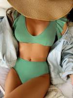 Cute Army Green Plain Ruffle Women Bikini Sets 9280