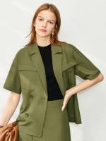 Half Sleeve Double Button Army Green Women Blouses 8726