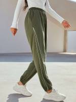 Regular Fit Army Green Contrast Binding Women Sweatpants 664