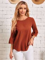  Three Quarter Length Sleeve Ruffle Casual Women Clothing 6412