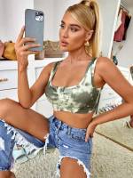 Slim Fit Boho Scoop Neck Army Green Women Tops, Blouses  Tee 943