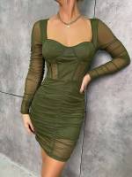 Army Green Plain Long Sleeve Sexy Women Dresses 7827