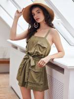 Short Army Green Belted Casual Women Jumpsuits  Bodysuits 1593