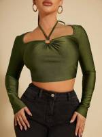  Long Sleeve Plain Army Green Women T-Shirts 9886