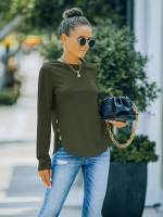 Fake Buttons Army Green Casual Regular Fit Women T-Shirts 3553