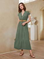 Long Army Green Ruffle Hem Women Dresses 6983