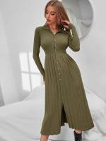 Pleated Elegant Army Green Plain Women Clothing 3948