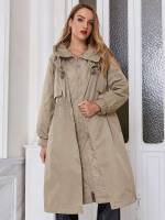 Plain Army Green Midi Hooded Women Winter Coats 724