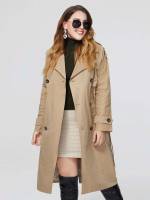 Army Green Casual Plain Belted Plus Size Trench Coats 962