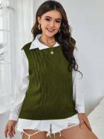 Casual Sleeveless Regular Fit Army Green Plus Size Knitwear 2334