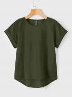 Army Green Regular Fit Regular High Low Plus Size Tops 488