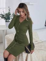  Belted V neck Army Green Women Sweater Dresses 125