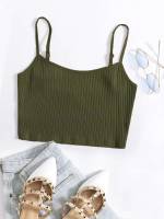 Spaghetti Strap Plain Rib-Knit Army Green Women Clothing 4387